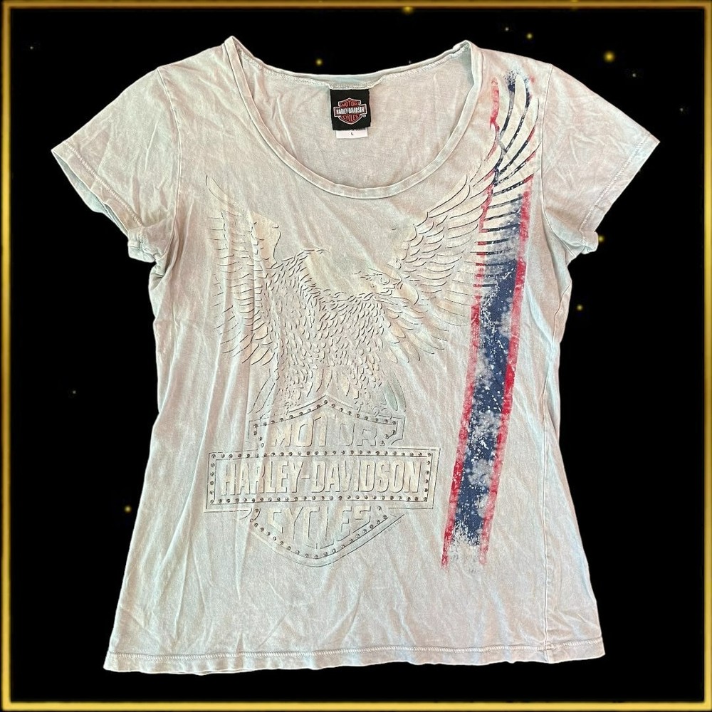 HARLEY DAVIDSON Women’s Light Blue/Gray Shirt Scoop Neck Size L